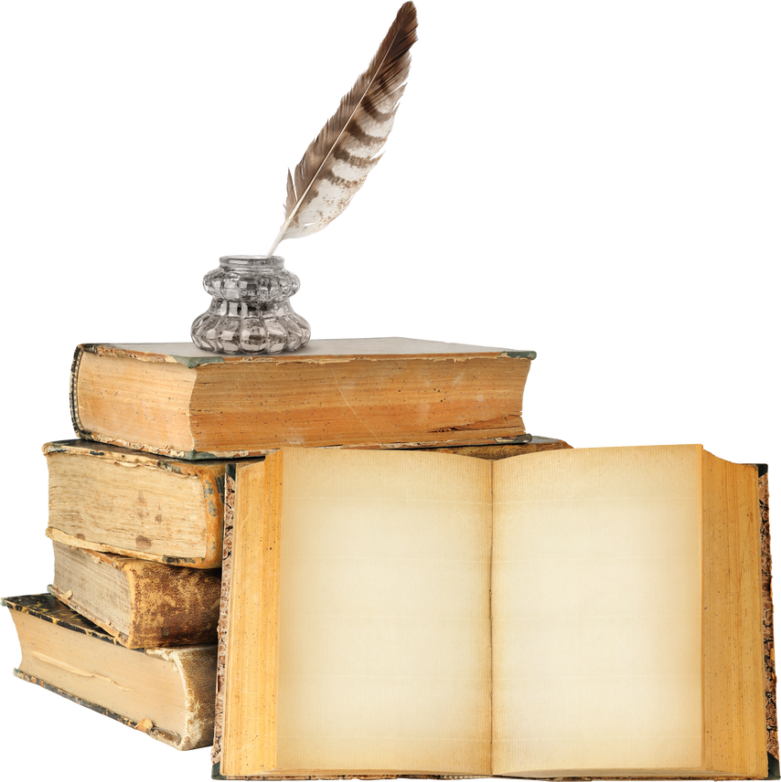 Pile of Old Books and Quill Cutout